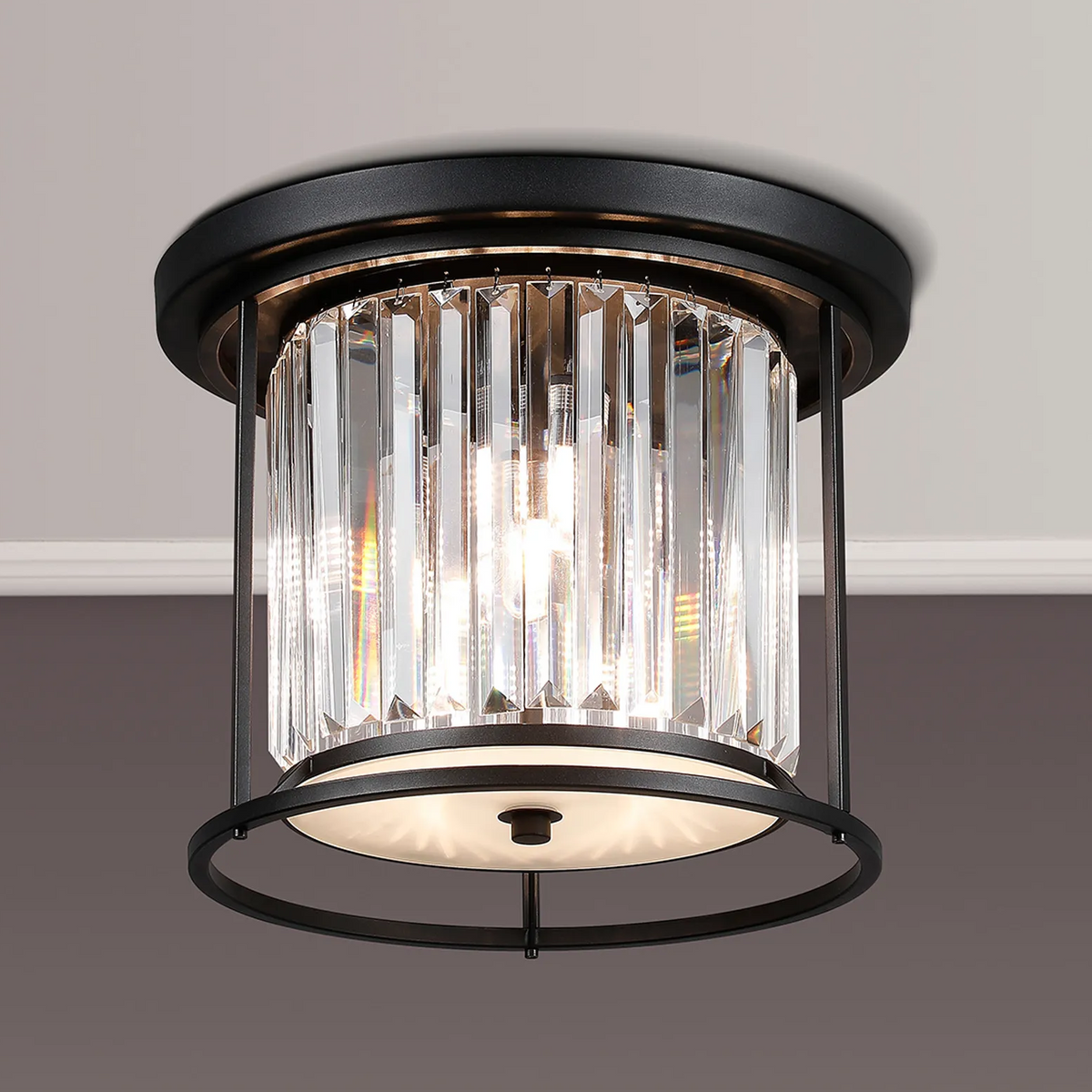 Black flush mount ceiling light with clear crystal rods and a white diffuser