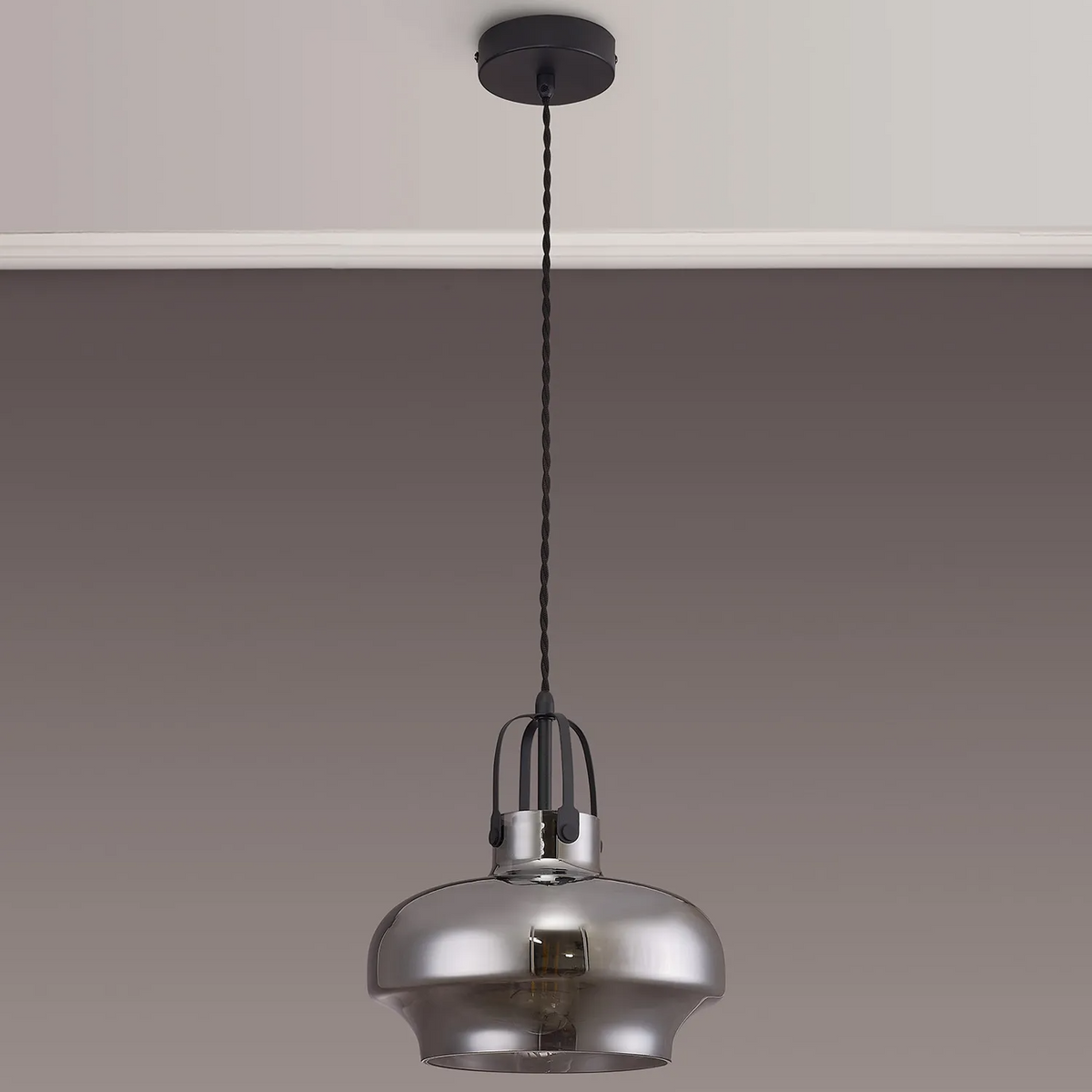 Bedlington Single Drop Pendant in Satin Black with Smoked Plated Glass Shade