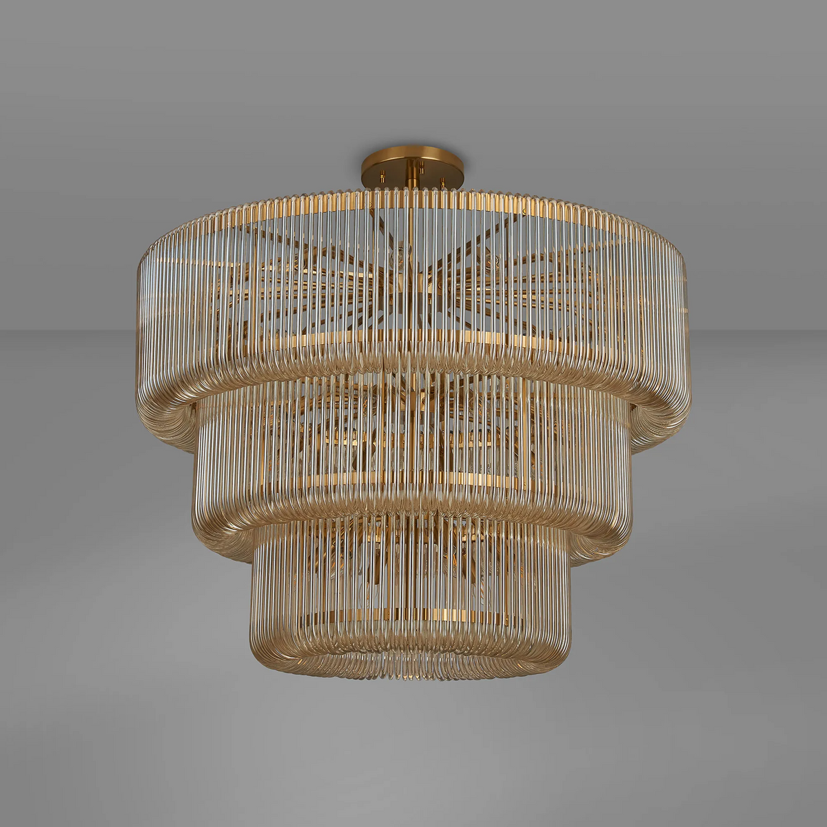 Jevington 1000mm Three Tier Pendant or Semi Flush in Brass with Smoke Brown Glass
