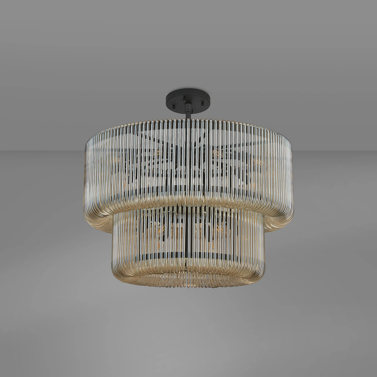 Jevington 780mm Two Tier Pendant or Semi Flush in Black with Smoke Brown Glass