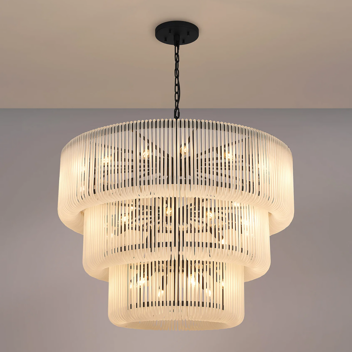 Jevington 1000mm Three Tier Pendant or Semi Flush in Black with Frosted Glass
