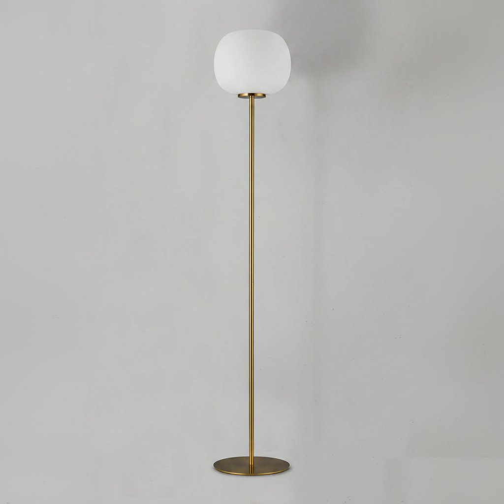 Milton Medium Oval Ball Floor Lamp in Aged Brass & Frosted White Shade