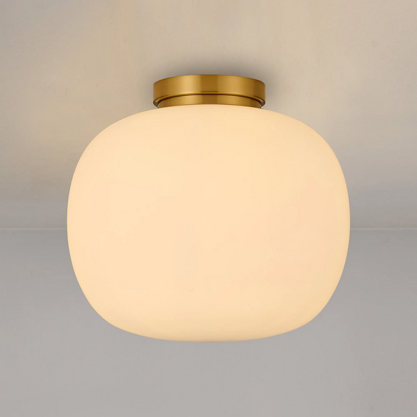 Lumiere Milton Medium Oval Ball Flush Ceiling Light in Aged Brass & Frosted White Shade