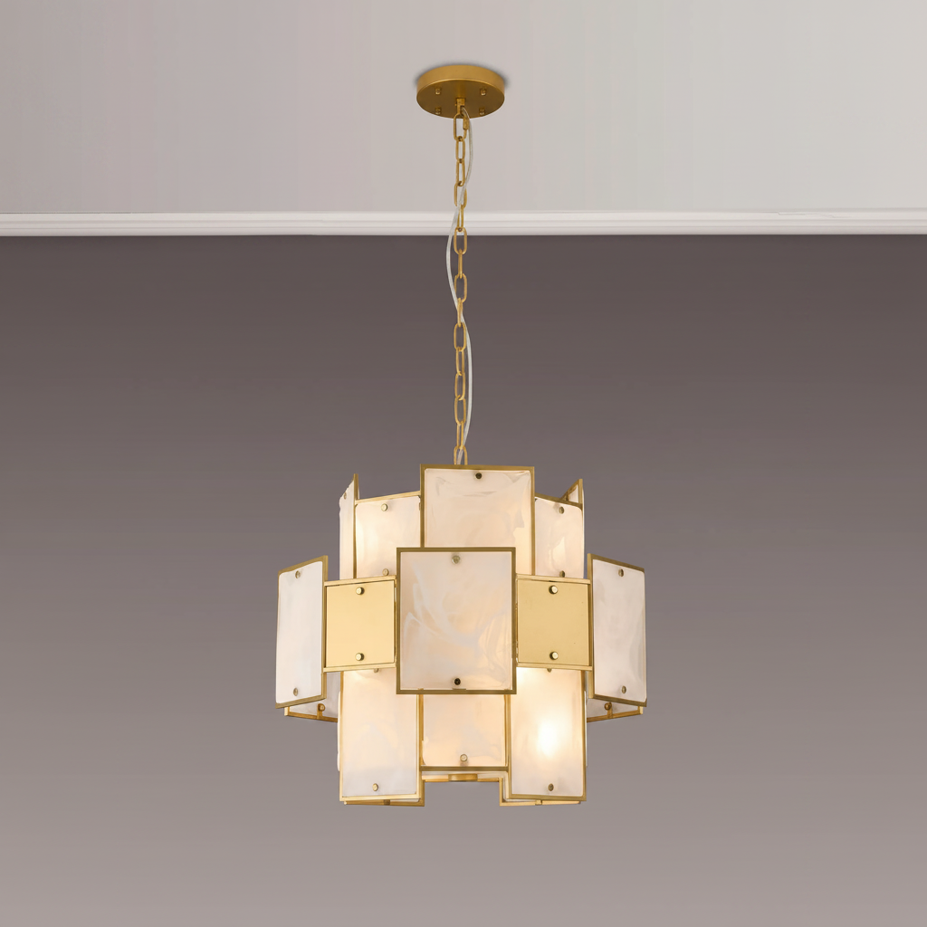 Gold chandelier with rectangular white and gold panels