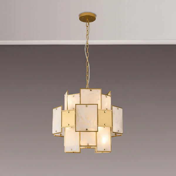 Gold chandelier with rectangular white and gold panels