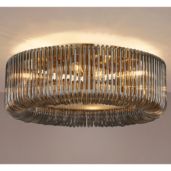 Jevington 600mm Flush Ceiling Light in Brass with Smoked Glass
