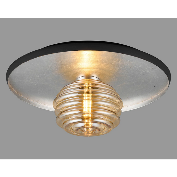 Reston Wall or Ceiling Light in Anthracite and Silver Leaf with Amber Rippled Glass Shade