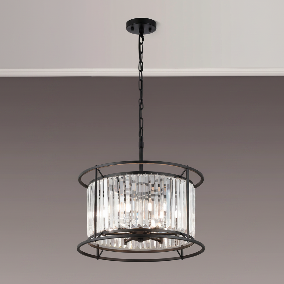 Black metal chandelier with clear rectangular crystal accents