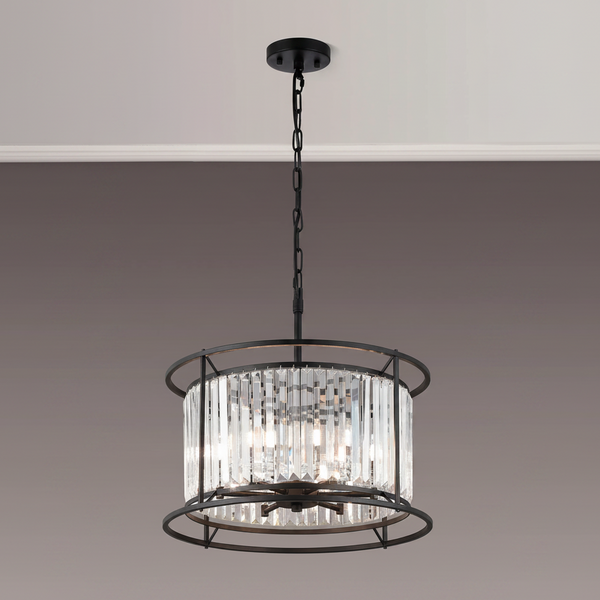 Black metal chandelier with clear rectangular crystal accents