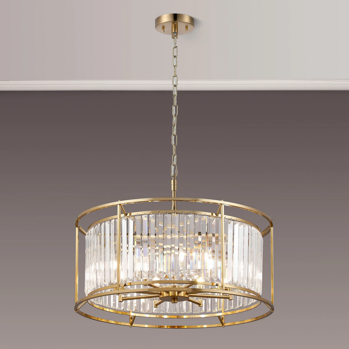 Gold chandelier with clear rectangular crystal accents