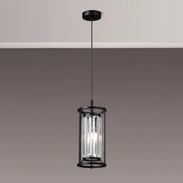 Black metal and crystal cylinder pendant light