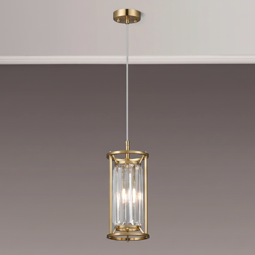 Brass pendant light with clear fluted glass shade