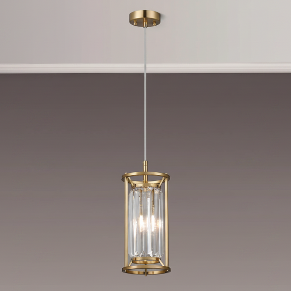 Brass pendant light with clear fluted glass shade