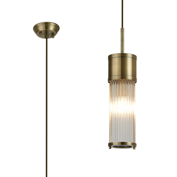 Tansley E14 IP44 Single Drop Pendant in Antique Brass with Clear Glass Rods