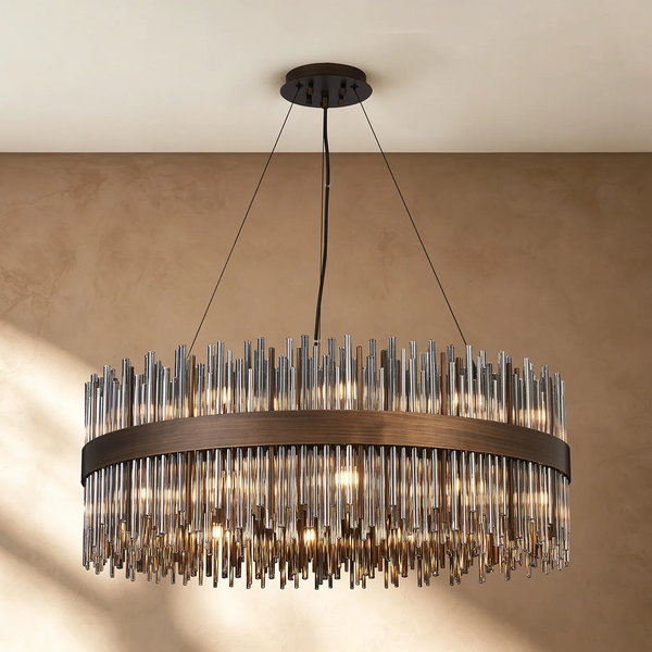 Oval chandelier with bronze frame and clear glass rods