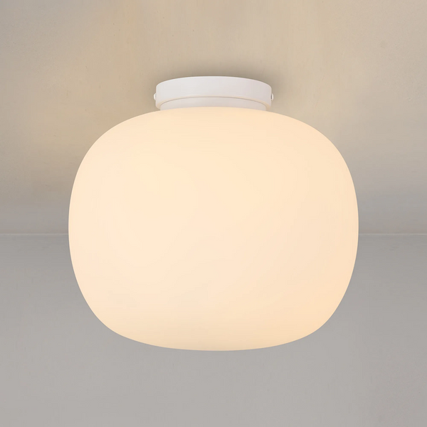 Milton Medium Oval Ball Flush Ceiling Light by Lumiere in satin white and frosted white shade