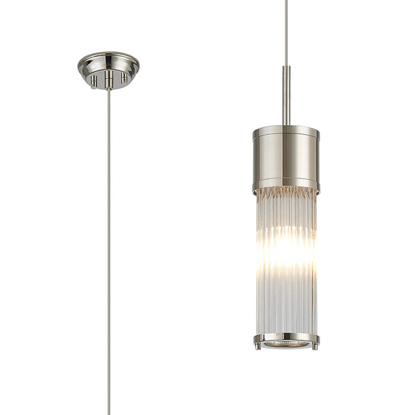 Tansley E14 IP44 Single Drop Pendant in Polished Nickel with Clear Glass Rods