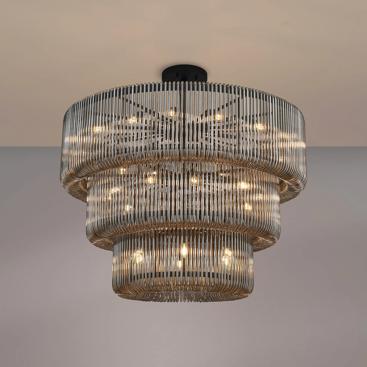 Jevington 1000mm Three Tier Pendant or Semi Flush in Black with Smoked Glass
