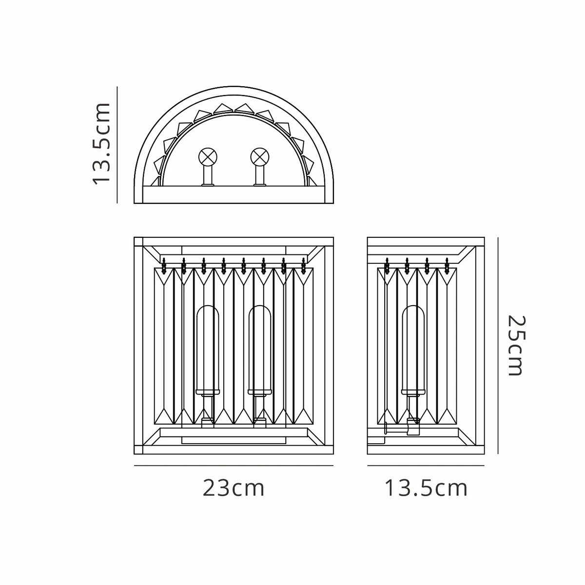 Technical drawing of a wall light with dimensions 23cm by 25cm by 13.5cm