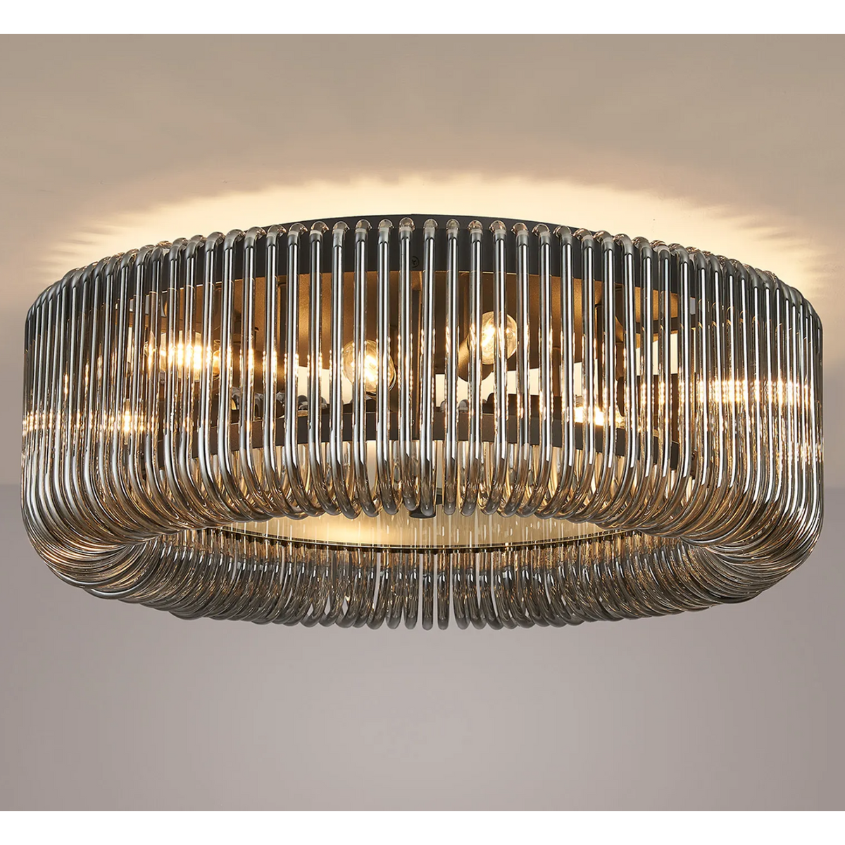 Jevington 600mm Flush Ceiling Light in Black with Smoked Glass