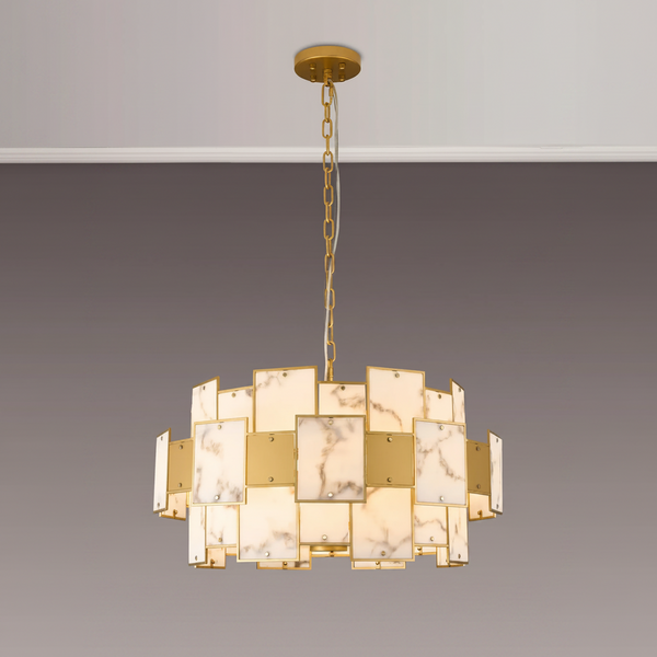 Gold chandelier with rectangular marble and gold panels