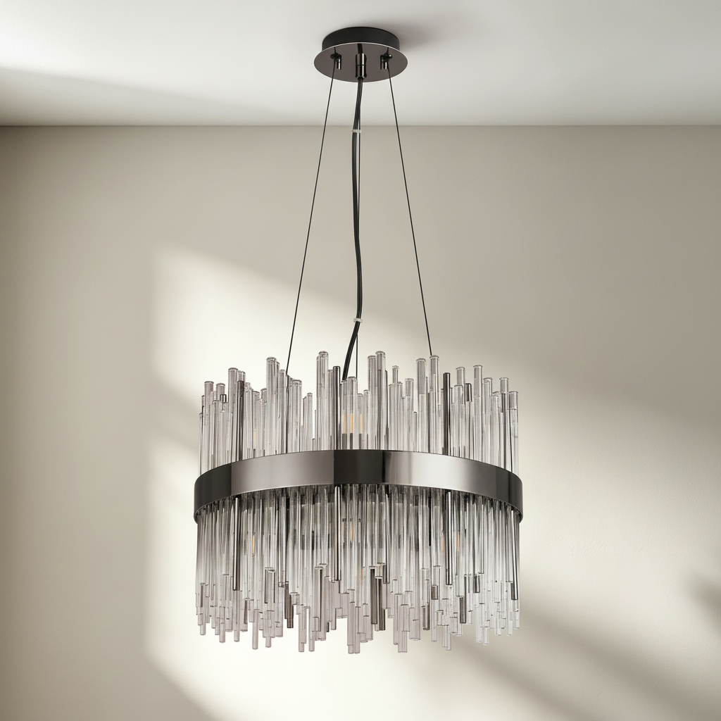 Round chandelier with a dark metal band and clear glass rods hanging at varying lengths