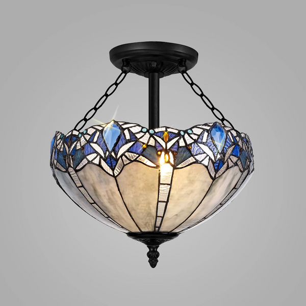 Oakley 40cm 3 Light Tiffany Semi Flush Ceiling Light in Black & Blue