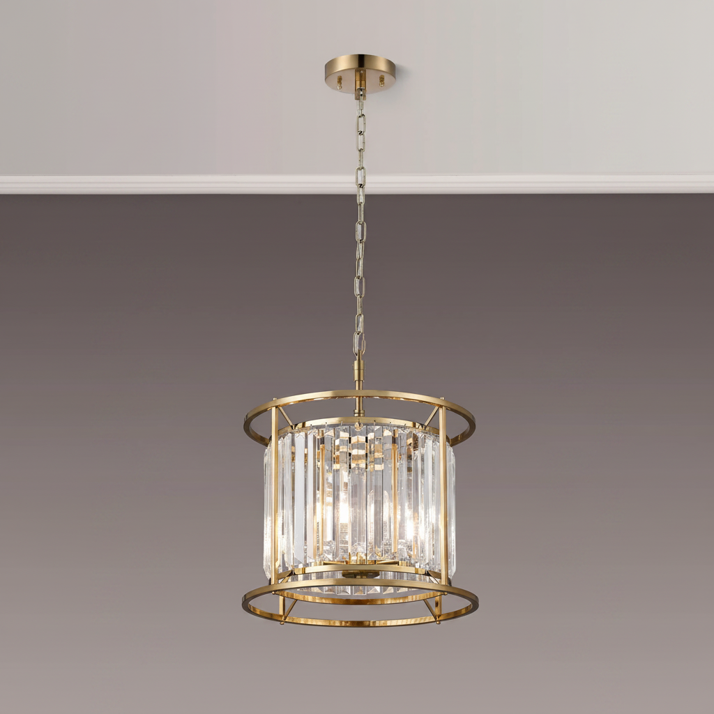Gold and crystal chandelier with three tiers of rectangular crystals