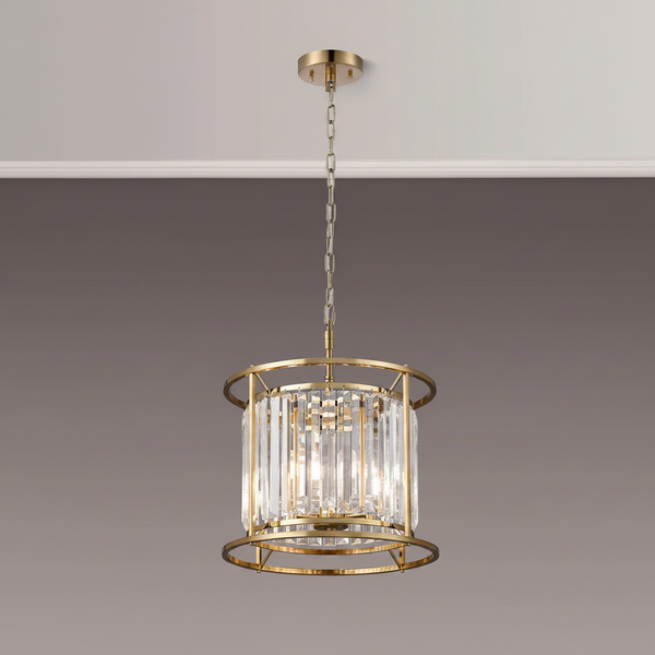 Gold and crystal chandelier with three tiers of rectangular crystals