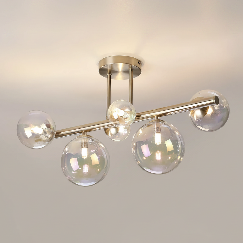 Shute 6lt Semi Flush Ceiling Light in Satin Nickel & Iridescent Plated Glass