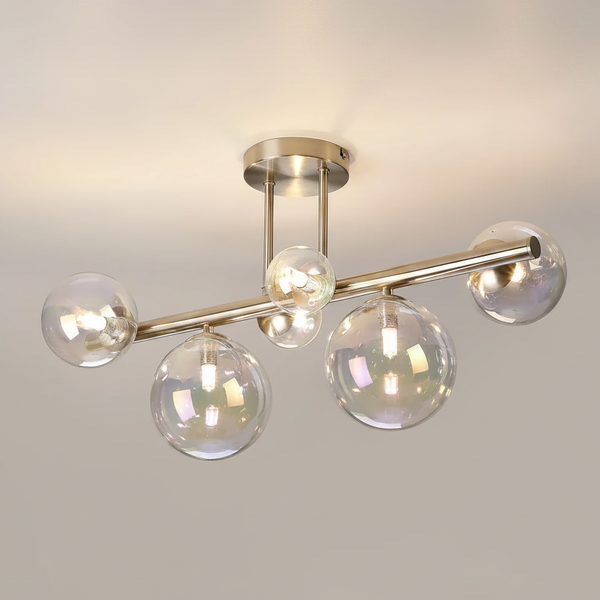 Shute 6lt Semi Flush Ceiling Light in Satin Nickel & Iridescent Plated Glass
