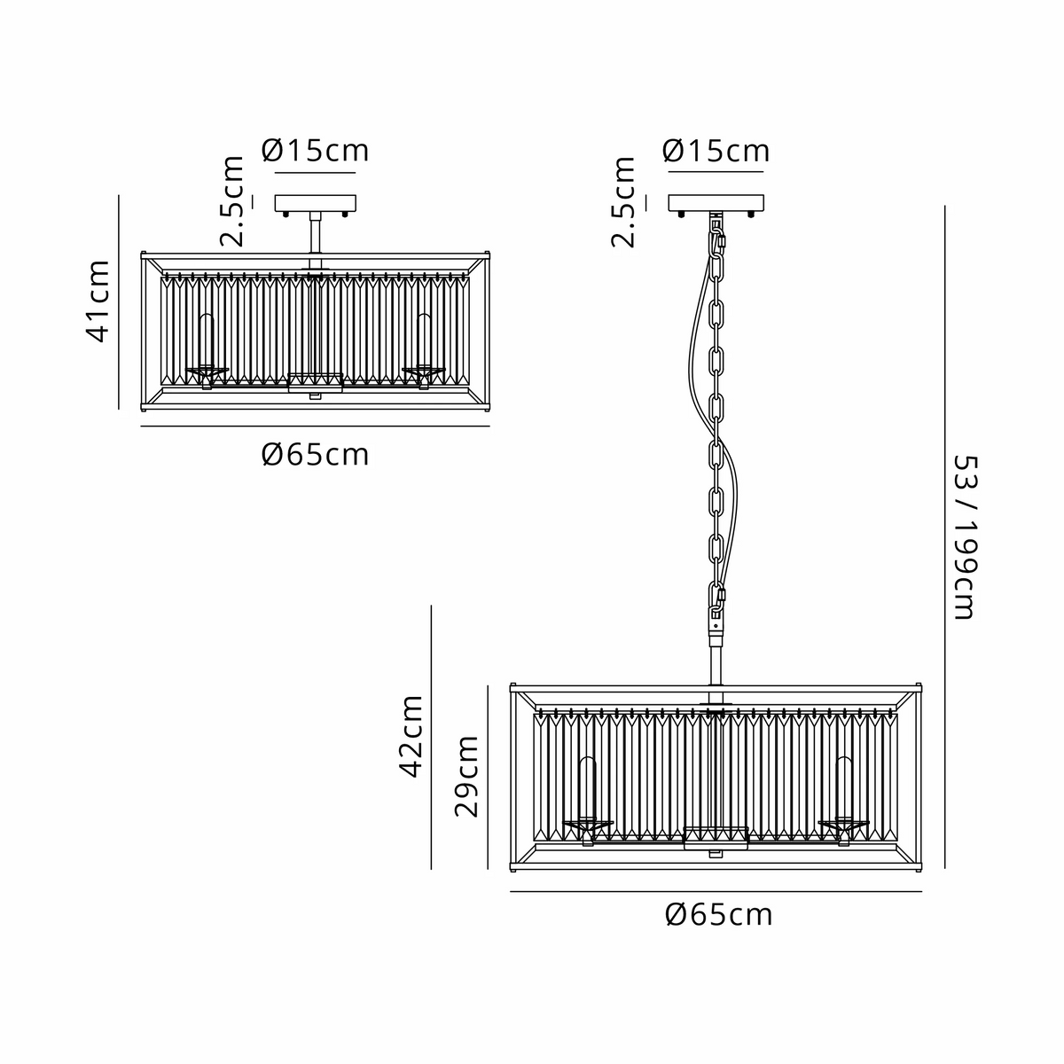Technical drawing of a rectangular chandelier with dimensions for flush mount and chain suspension