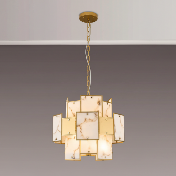 Gold and marble chandelier with square panels