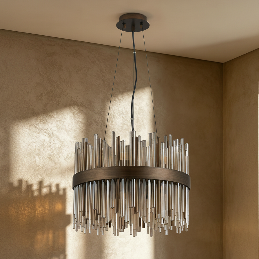 Round chandelier with bronze frame and clear glass rods