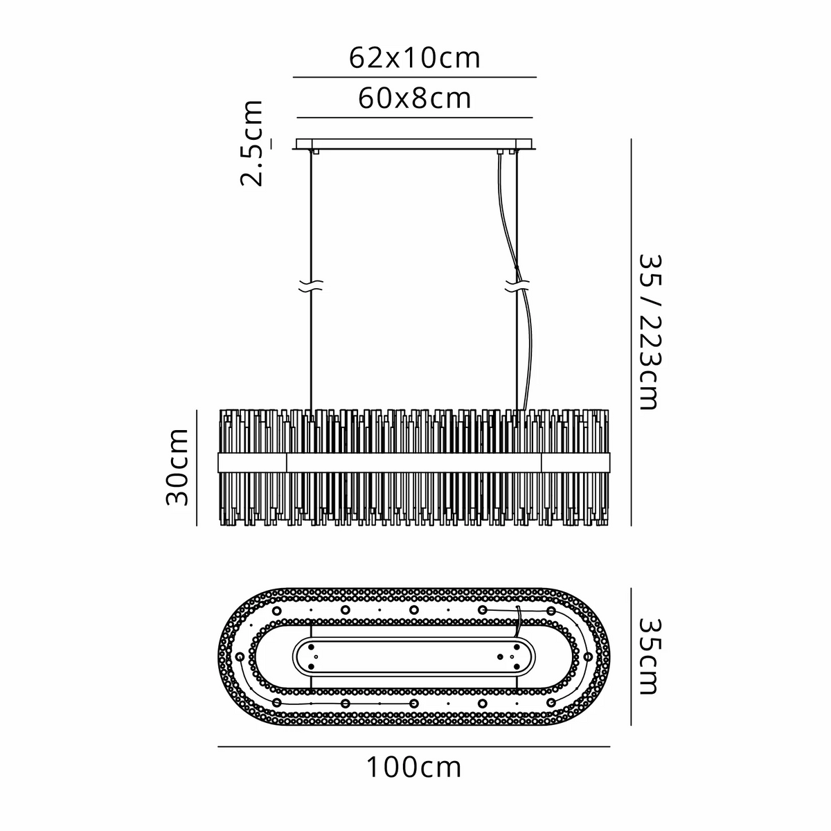 Technical drawing of a chandelier with dimensions 100cm length, 35cm width, and 30cm height
