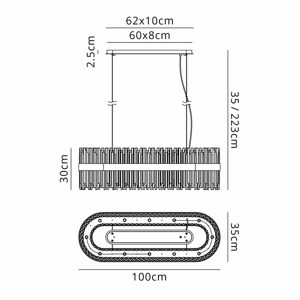 Technical drawing of a chandelier with dimensions 100cm length, 35cm width, and 30cm height