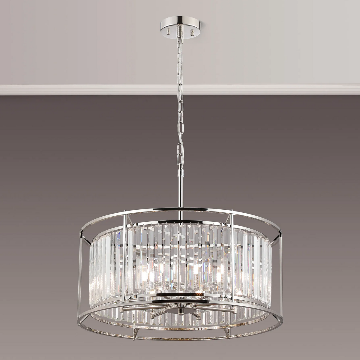Round chrome chandelier with hanging rectangular crystal prisms