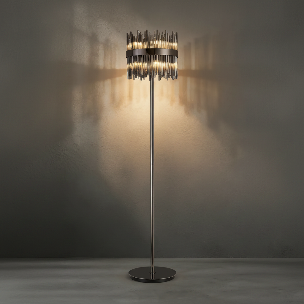 Eckington Floor Lamp in Black Chrome with Smoked Glass Rods