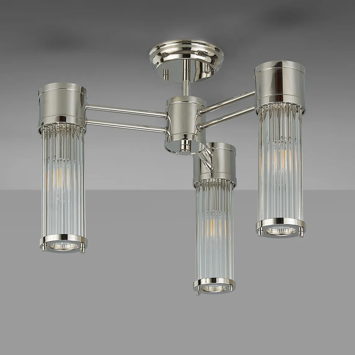 Tansley E14 IP44 Three Light Semi Flush Ceiling Light in Polished Nickel with Clear Glass Rods