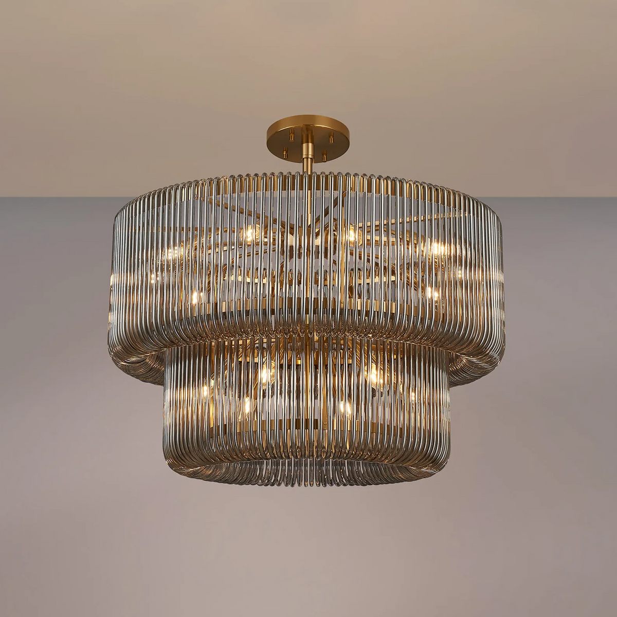 Jevington 780mm Two Tier Pendant or Semi Flush in Brass with Smoked Glass