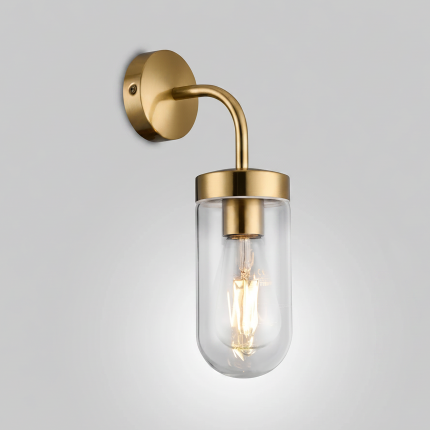 Murston IP44 Exterior Wall Light in Brass with Clear Glass