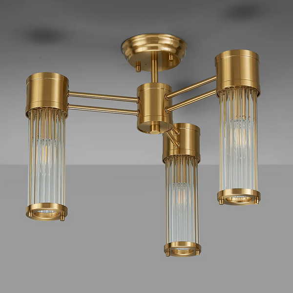 Tansley E14 IP44 Three Light Semi Flush Ceiling Light in Gold with Clear Glass Rods
