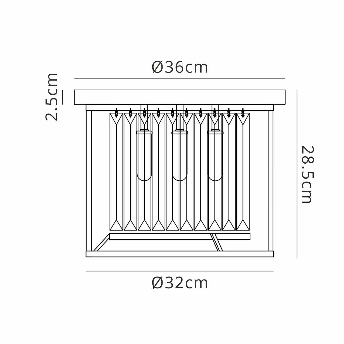Line drawing of a ceiling light with dimensions 36cm diameter, 28.5cm height, 32cm base diameter