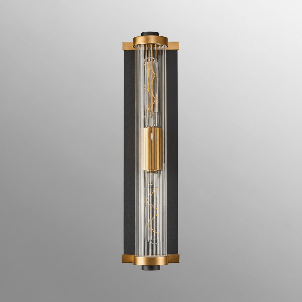 Beeley Large IP54 Wall Light in Black & Gold with Ribbed Glass Shade