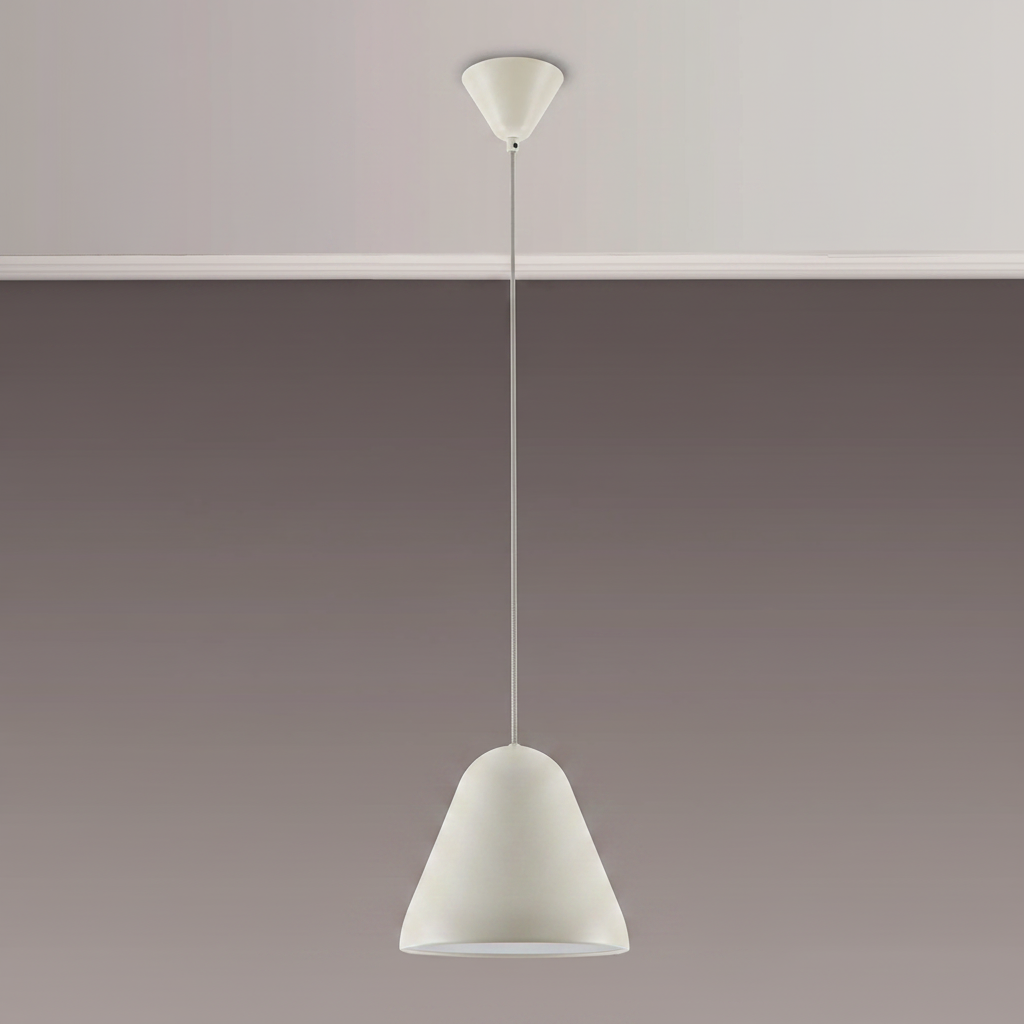 Cream colored pendant light with a conical shade hanging from a white ceiling