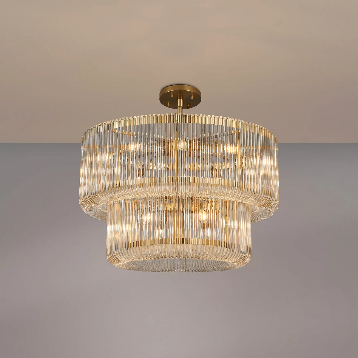 Jevington 780mm Two Tier Pendant or Semi Flush in Brass with Clear Glass