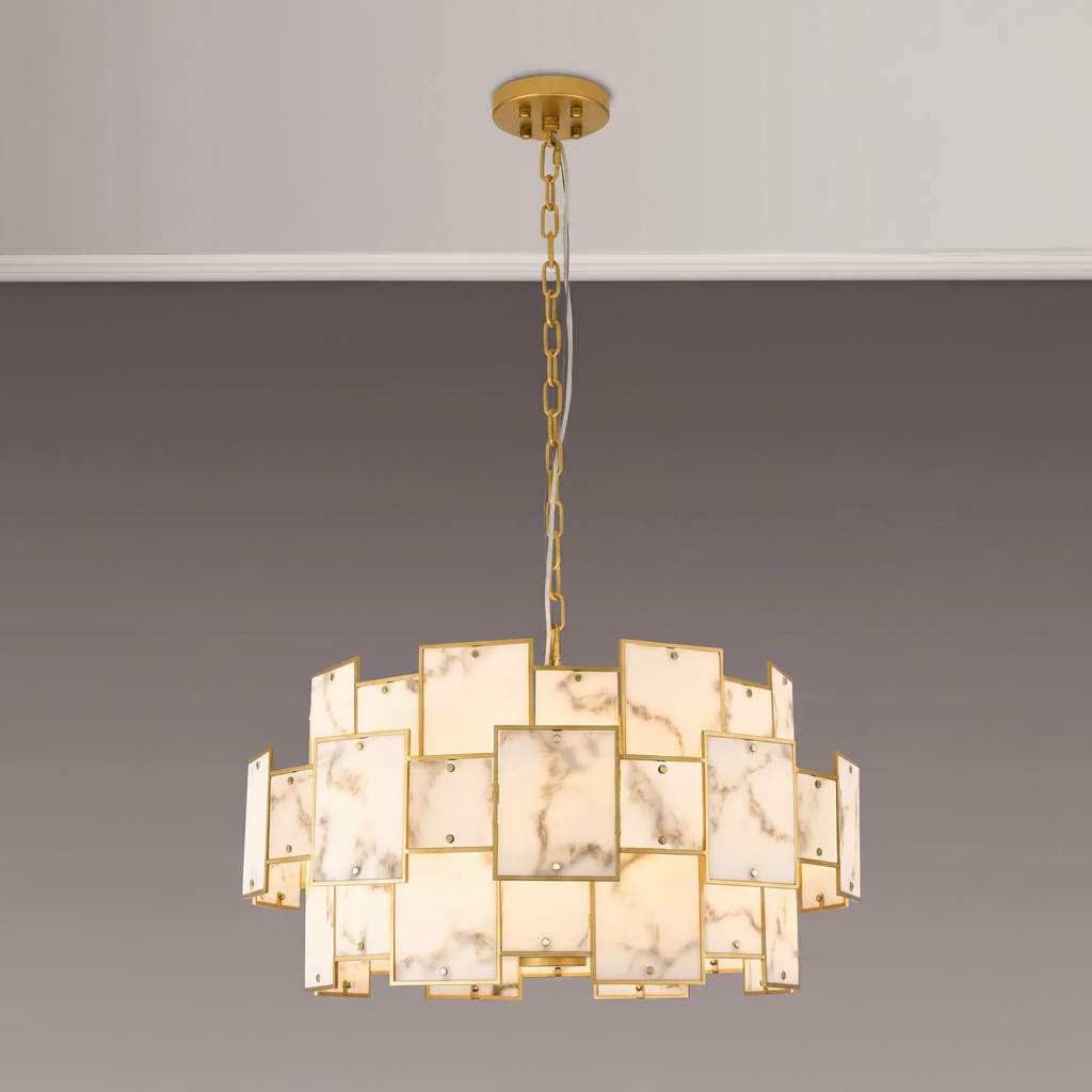 Gold chandelier with square marble-patterned shades
