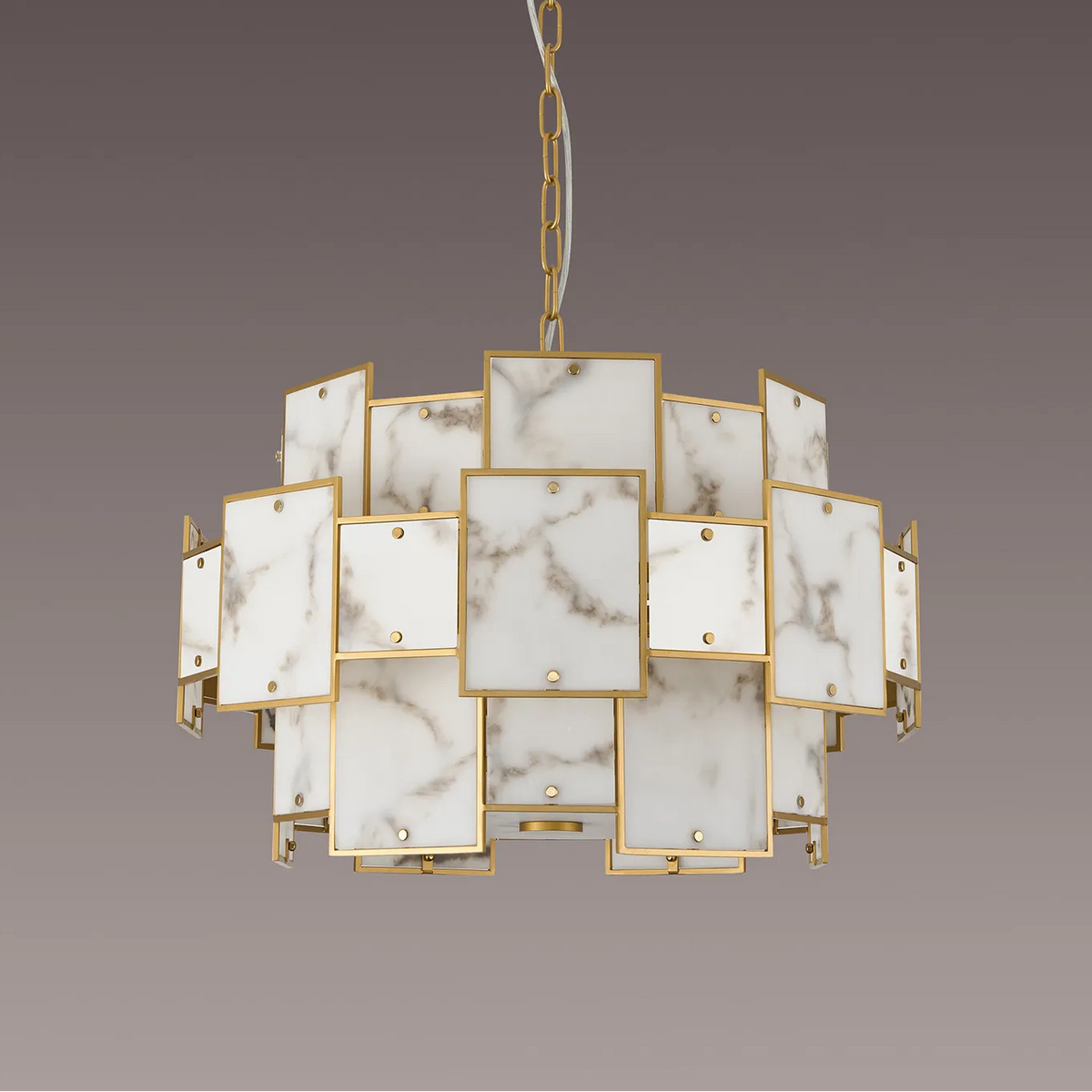 Gold chandelier with rectangular marble-patterned panels