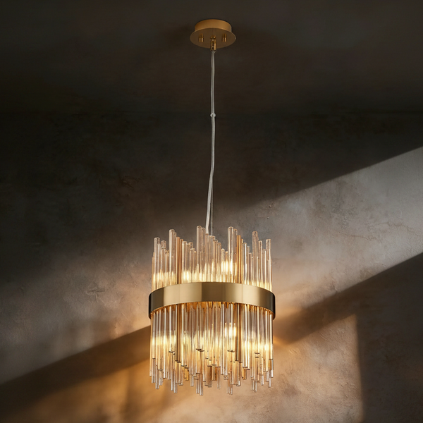 Gold chandelier with clear glass rods