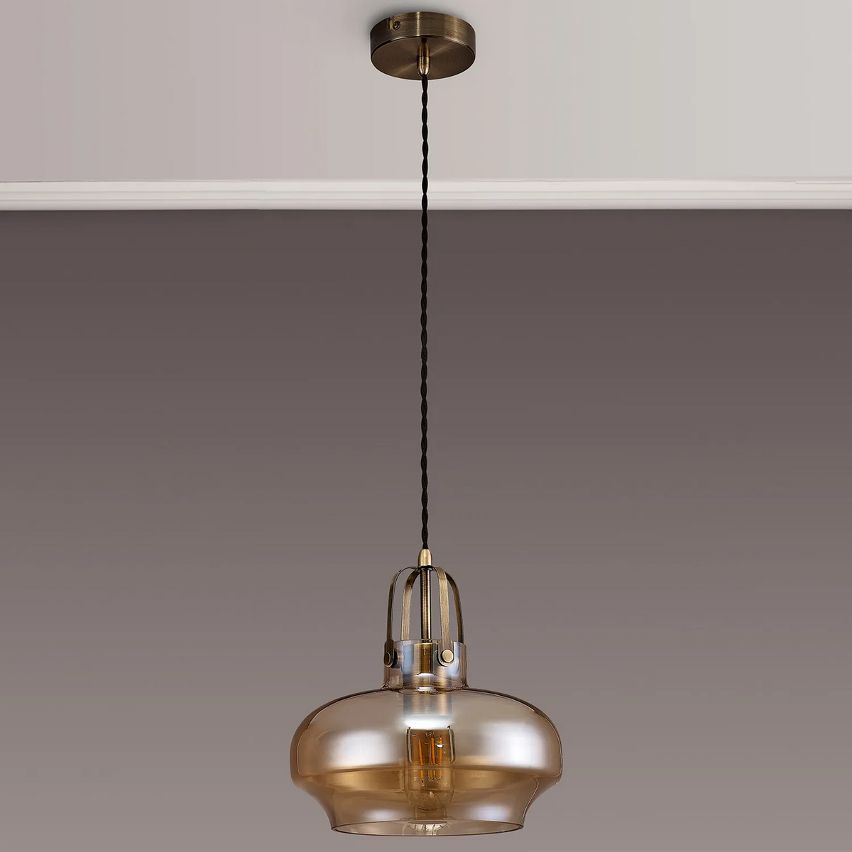 Bedlington Single Drop Pendant in Antique Brass with Amber Plated Glass Shade